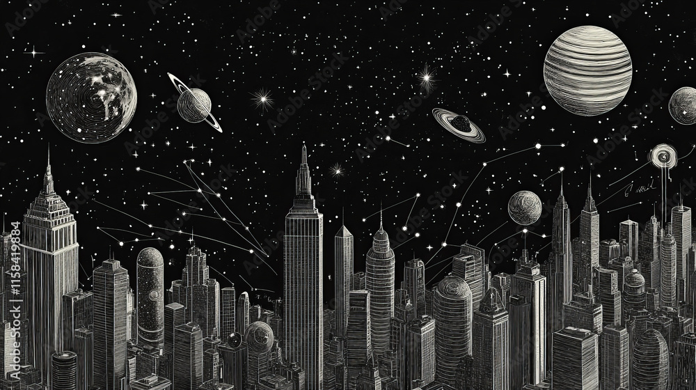 Poster abstract image of a cityscape in the form of a starry sky or space, consisting of points, lines, and