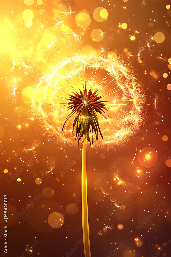 Poster a glowing dandelion with sparkles and light effects, creating a magical atmosphere.