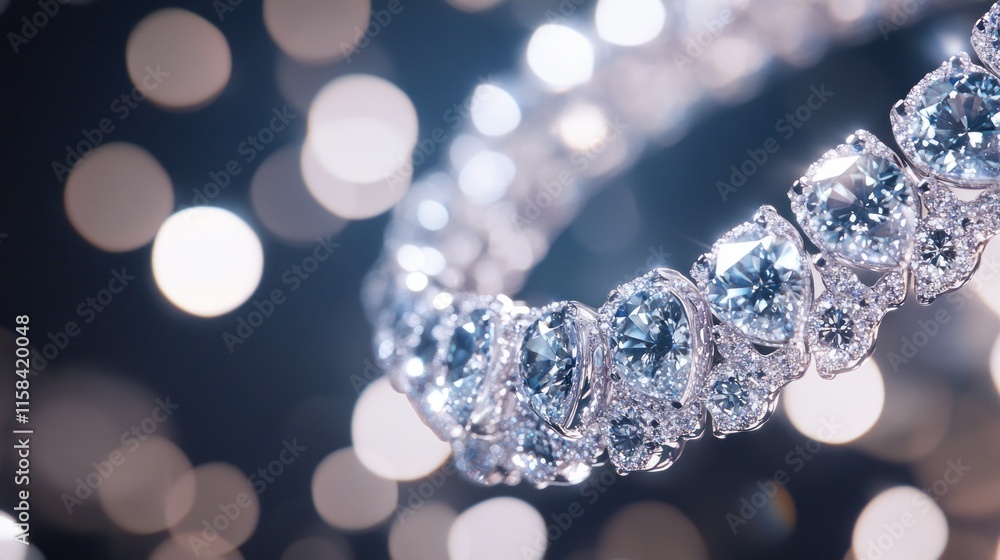 Poster close-up of a dazzling diamond bracelet against a bokeh background.