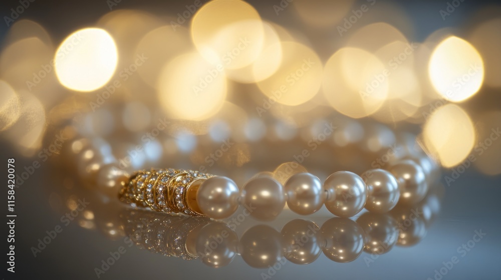 Poster elegant pearl necklace with gold clasp reflected on a shiny surface against a bokeh background.