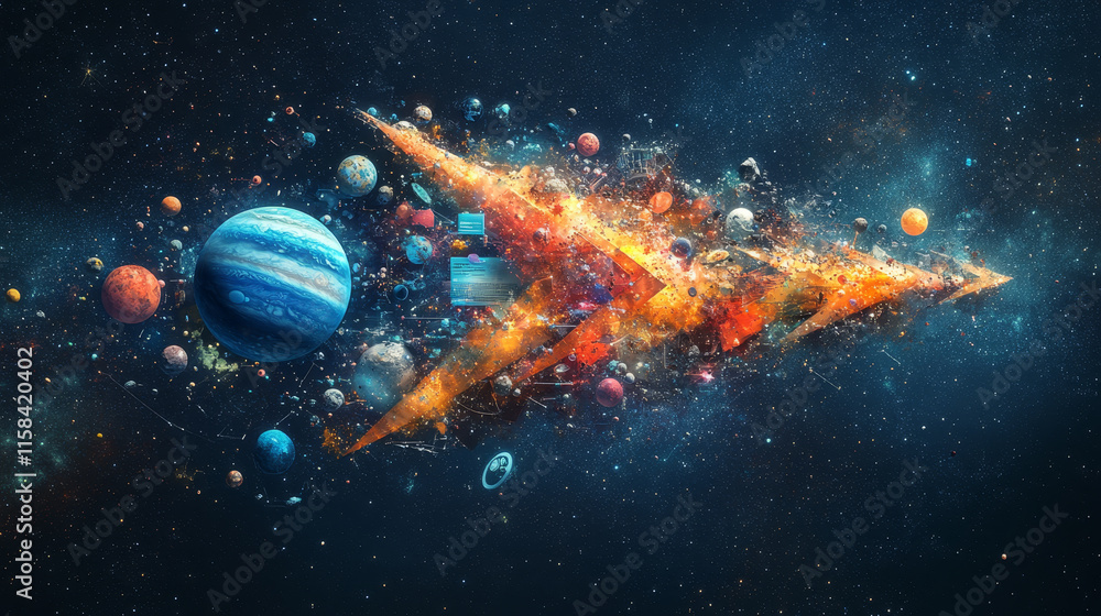 Poster abstract image of a arrow in the form of a starry sky or space, consisting of points, lines, and sha