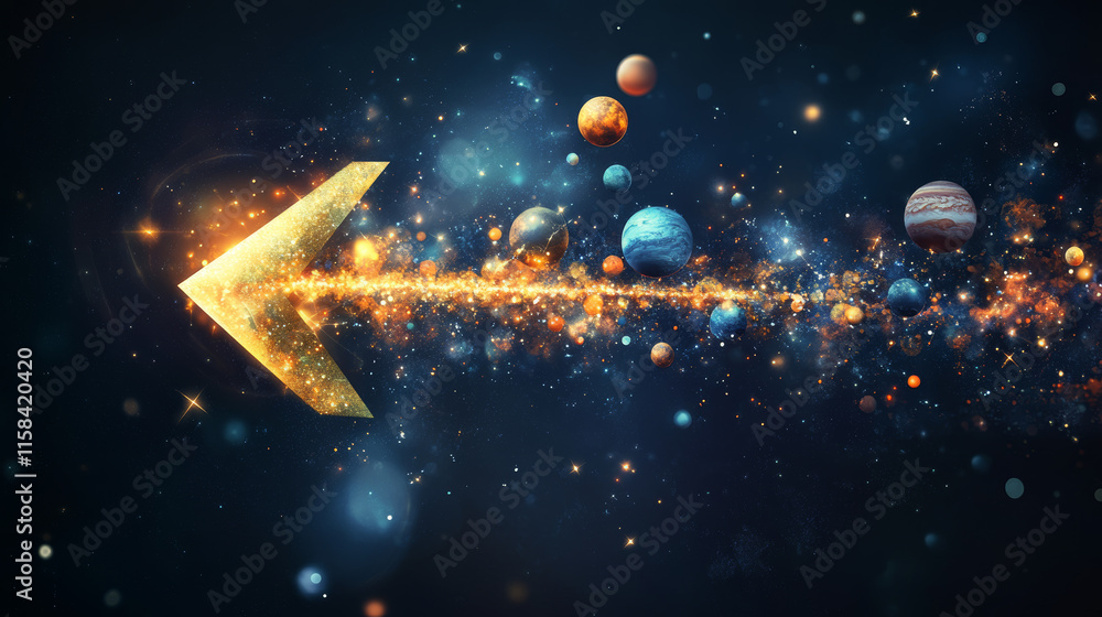 Poster abstract image of a arrow in the form of a starry sky or space, consisting of points, lines, and sha