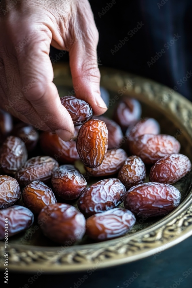 Poster close-up of a hand picking a date from a bowl of dates.