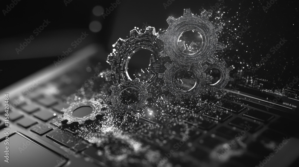 Poster gears. computer service concept. gearing on laptop. vector low poly wireframe in the form of a starr