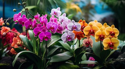 Beautifully Arranged Vibrant Multicolored Orchid Flowers in a Lush and Verdant Botanical Garden Setting with Lush Green Foliage in the Background