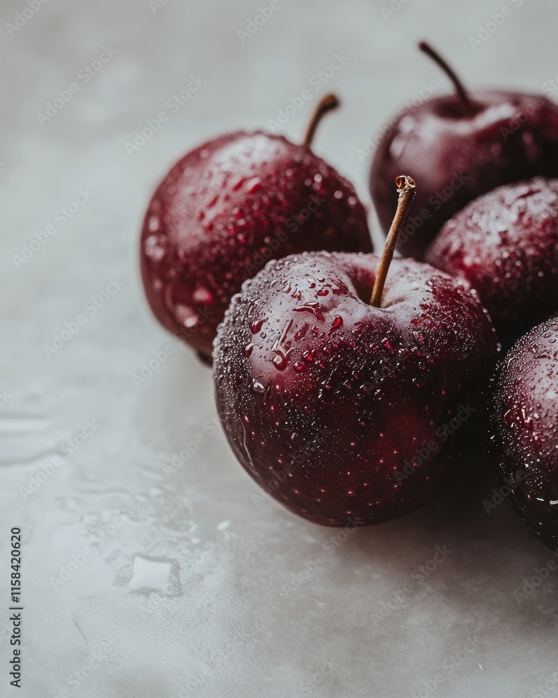 Poster close-up of four dark red apples with water droplets on a light gray surface.