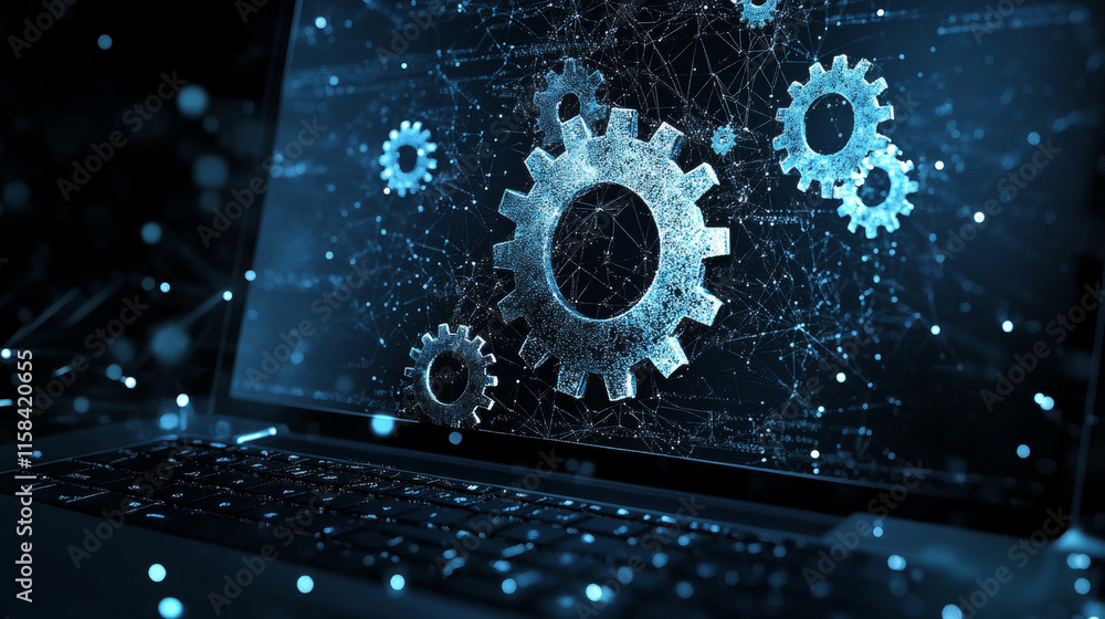 Poster gears. computer service concept. gearing on laptop. vector low poly wireframe in the form of a starr
