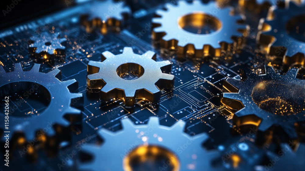 Poster gears. computer service concept. gearing on laptop. vector low poly wireframe in the form of a starr