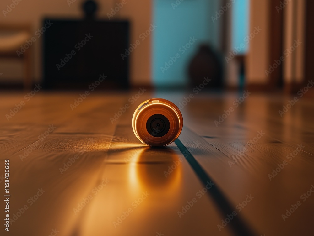 Poster illuminated round object rolling on wooden floor.
