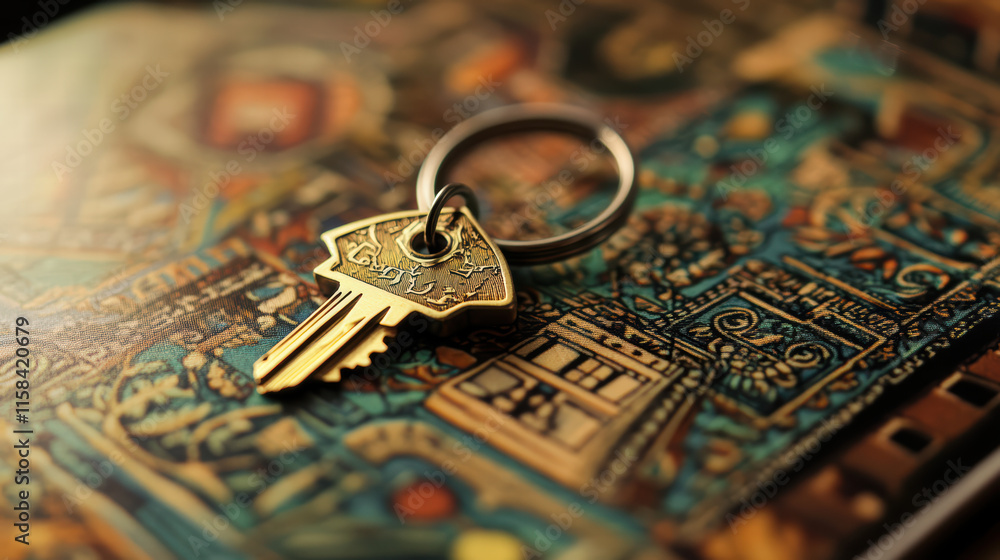 Poster golden key on colorful patterned surface, symbolizing access and opportunity. intricate design adds 
