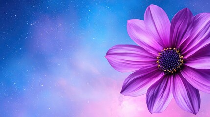 Obraz premium Cosmos floral abstract background concept. A vibrant purple flower against a dreamy blue and pink background.
