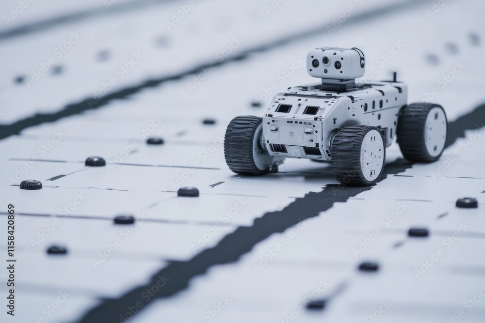 Poster Small white robot on a track, close-up view.