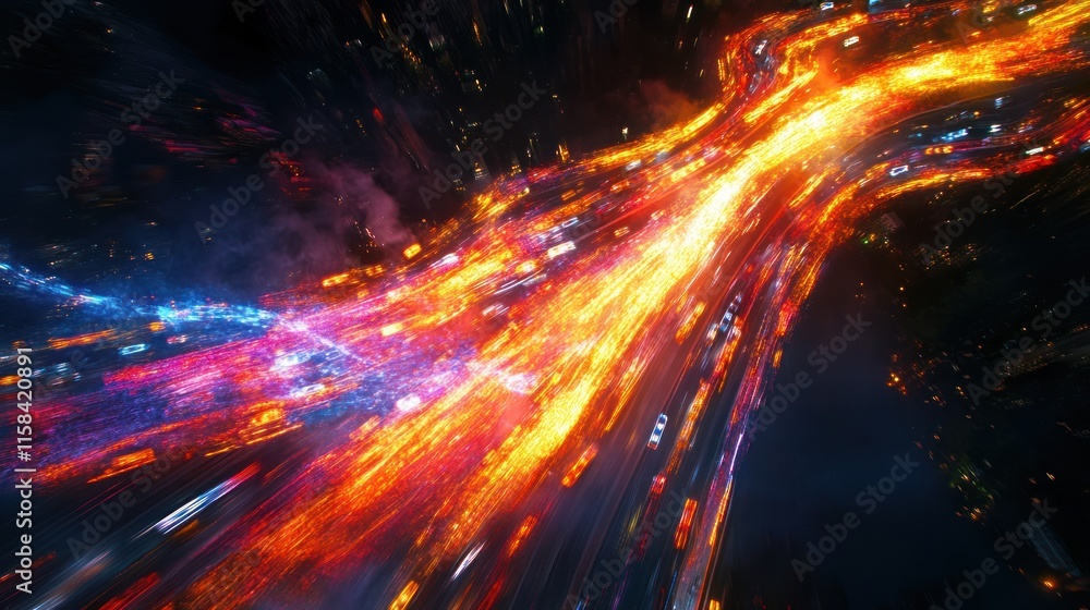 Poster abstract image of vibrant light trails converging, resembling a fiery collision or energy flow.