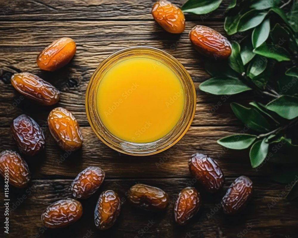 Poster top view of date juice in a glass bowl surrounded by fresh dates and green leaves on a rustic wooden