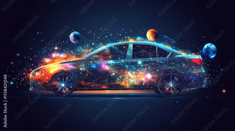 Poster abstract image of a auto in the form of a starry sky or space, consisting of points, lines, and shap