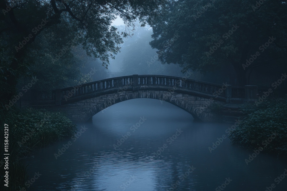 Poster misty dawn scene featuring a stone arch bridge over a calm river, shrouded in fog, with lush trees f