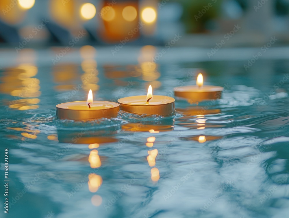 Poster three floating candles illuminate a tranquil pool at night.
