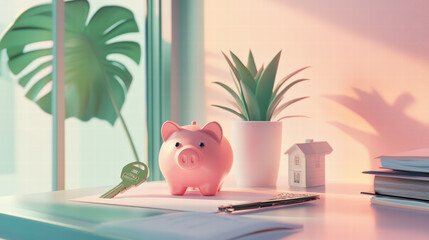 piggy bank and house key on desk symbolize saving for home. scene conveys financial planning and aspirations for homeownership, with plant adding touch of freshness