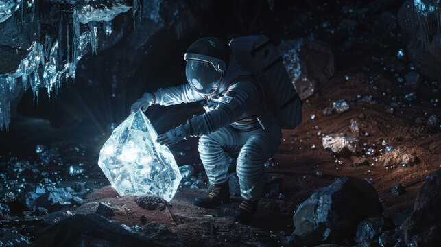 Astronaut Investigates Enigmatic Glowing Crystal