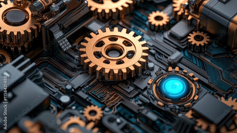 Poster gear mechanism concept. close-up of intricate gears and circuits showcasing advanced technology and 