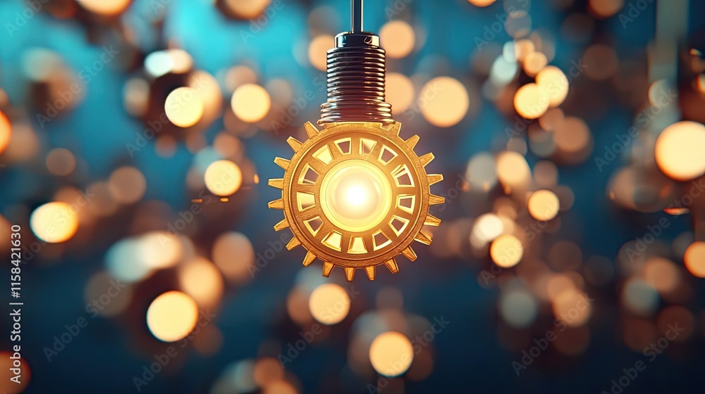 Aufkleber gear mechanism concept. illuminating light bulb gear design with glowing backdrop and bokeh effect.