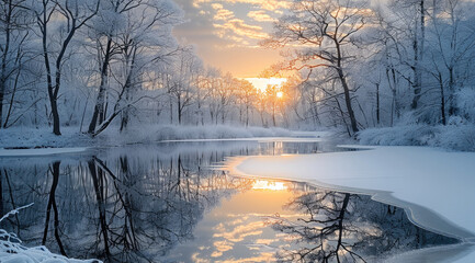 A serene winter landscape at sunrise, with snow-covered trees reflecting in a calm, partially frozen pond. The sky is painted with soft orange, casting a tranquil glow on the surrounding.