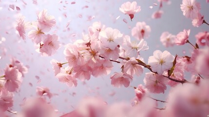 Obraz premium Delicate cherry blossom petals in soft pink and white hues drifting gracefully through the air in a lush blooming spring garden landscape