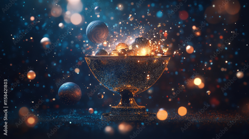 Poster abstract image of a champion cup in hand in the form of a starry sky or space, consisting of points,