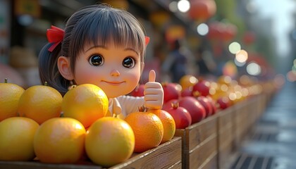 Fototapeta premium Portrait of cute kawaii colorful girl showing thumb up, positive hand gesture recommending fruits 