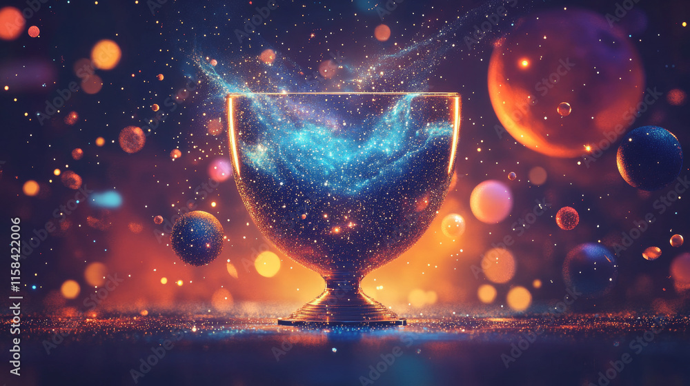 Poster abstract image of a champion cup in hand in the form of a starry sky or space, consisting of points,