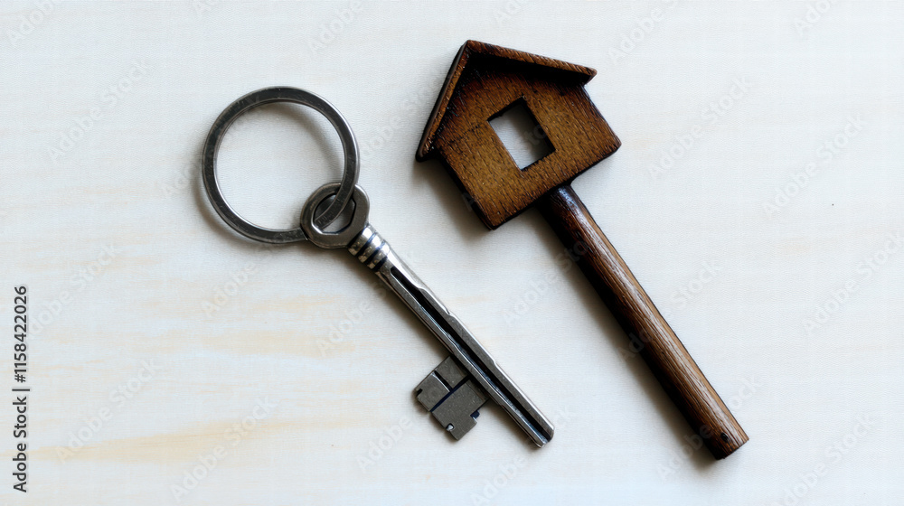 Poster key with house shaped keychain symbolizes home ownership and security. this captures essence of prop