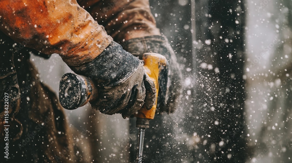 Aufkleber close-up of worker's hands using a drill in snowy conditions.