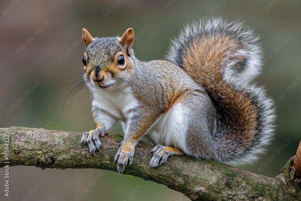 Poster A grey squirrel perched on a tree branch, looking directly at the camera.