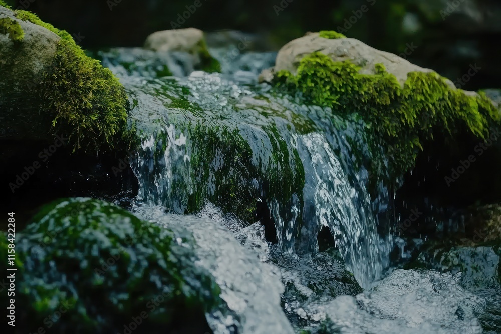 Poster close-up of a cascading stream flowing over mossy rocks.