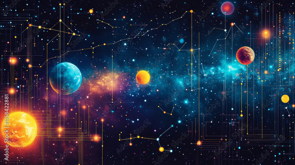 Poster abstract image of a growth chart in the form of a starry sky or space, consisting of points, lines, 