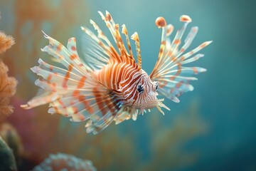 Fototapeta premium A vibrant lionfish, with intricate patterns and flowing fins, swims gracefully amidst a coral reef.