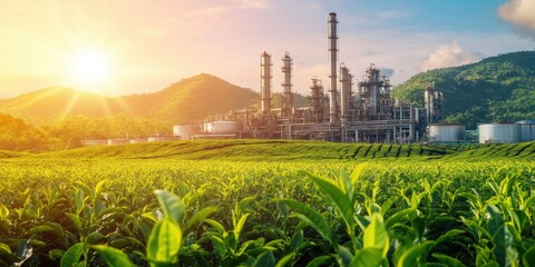 A large oil and gas plant with green tea leaves growing around, mountain and shiny sunbeam on sky background