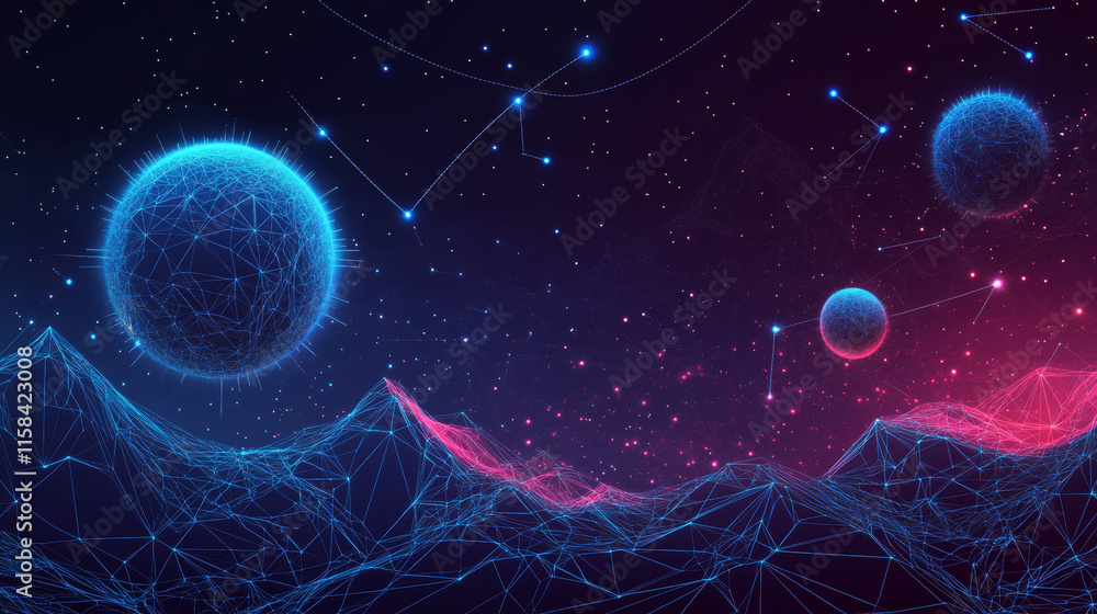 Poster abstract image of a growth chart in the form of a starry sky or space, consisting of points, lines, 