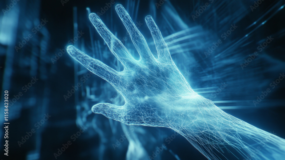 Poster abstract hand wireframe digital technology concept the finger is pointed in a circle circuit sci fi 