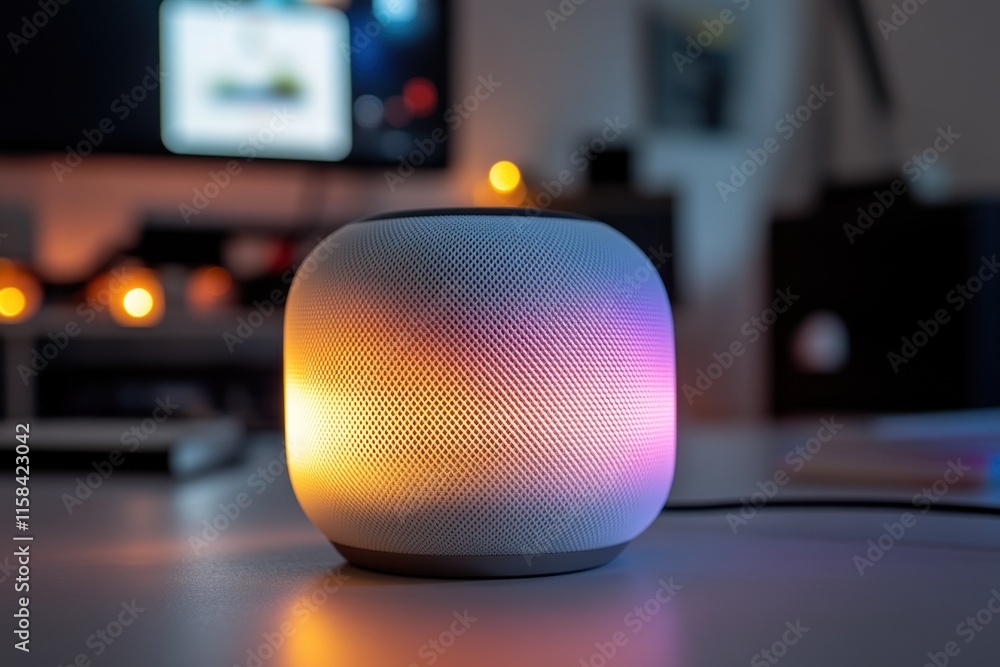 Poster smart speaker with colorful ambient light on desk at night.