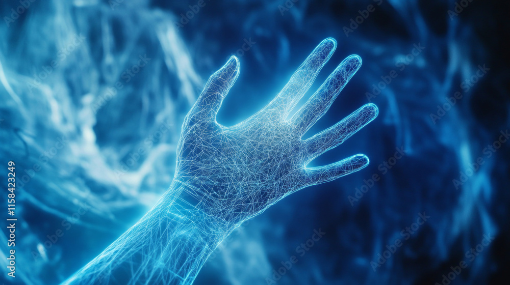 Poster abstract hand wireframe digital technology concept the finger is pointed in a circle circuit sci fi 