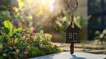 key with house shaped keychain rests on document surrounded by vibrant greenery, symbolizing new beginnings in real estate. warm sunlight enhances inviting atmosphere