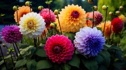 Stunning close up view of a variety of dahlia flowers in full bloom showcasing their vibrant multicolored petals against a backdrop of verdant healthy leaves in a flourishing garden setting