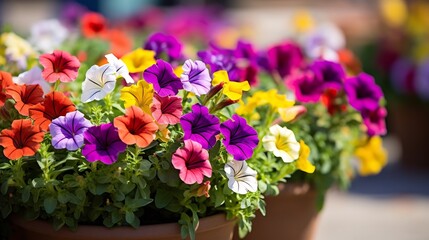 Lush and vibrant petunias in full bloom planted in ornate decorative garden pots creating a beautiful and eye catching floral display for outdoor spaces