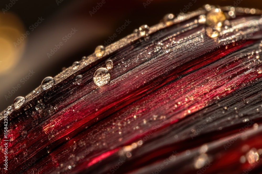 Poster close-up of a dark red leaf with water droplets, showcasing its texture and veins.