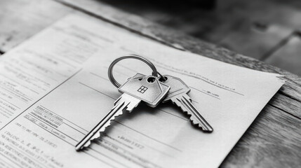 Keys on house shaped keychain resting on document, symbolizing home ownership and new beginnings. image evokes feelings of security and excitement
