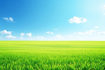 Fototapeta premium Lush green grass field under a clear blue sky with fluffy white clouds, creating a bright and fresh natural landscape. Concept of serenity. Ai generative