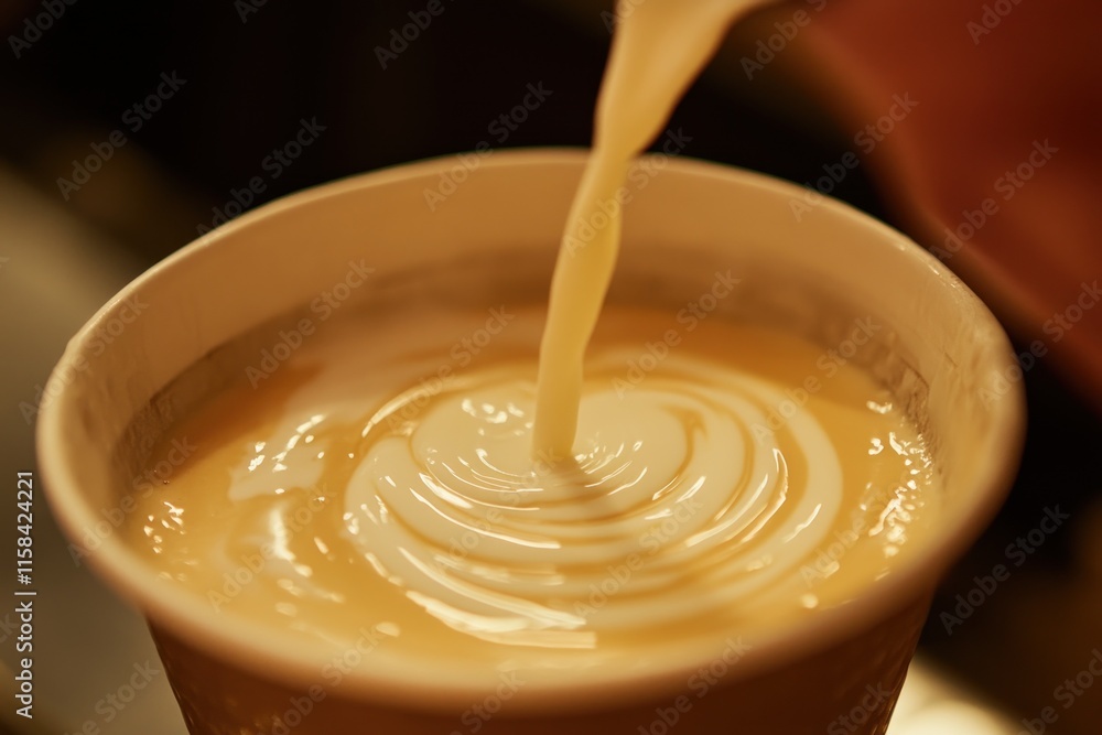Poster milk pouring into a cup of coffee creating a swirl pattern.