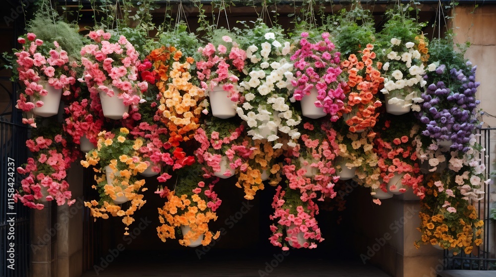 Poster and vibrant display of hanging flower baskets filled with colorful cascading flowers adding natural 