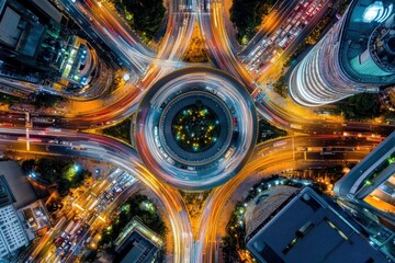 Aerial night shot of a city roundabout with light trails.